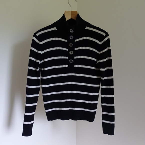 Ralph Lauren Black and White Striped Turtleneck w Button Collar Medium - Picture 1 of 4